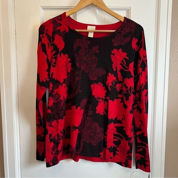 Chico's Red and Black Floral Sweater Top - Picture 1 of 6